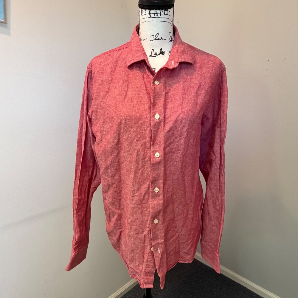 Banana Republic Linen Slim Fit Button Down Shirt Coral Red Medium Mens